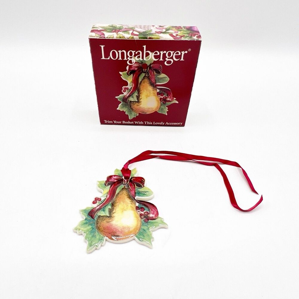 Longaberger Christmas Pear with Holly Berry Basket Tie-On 2000 Ceramic Boxed New